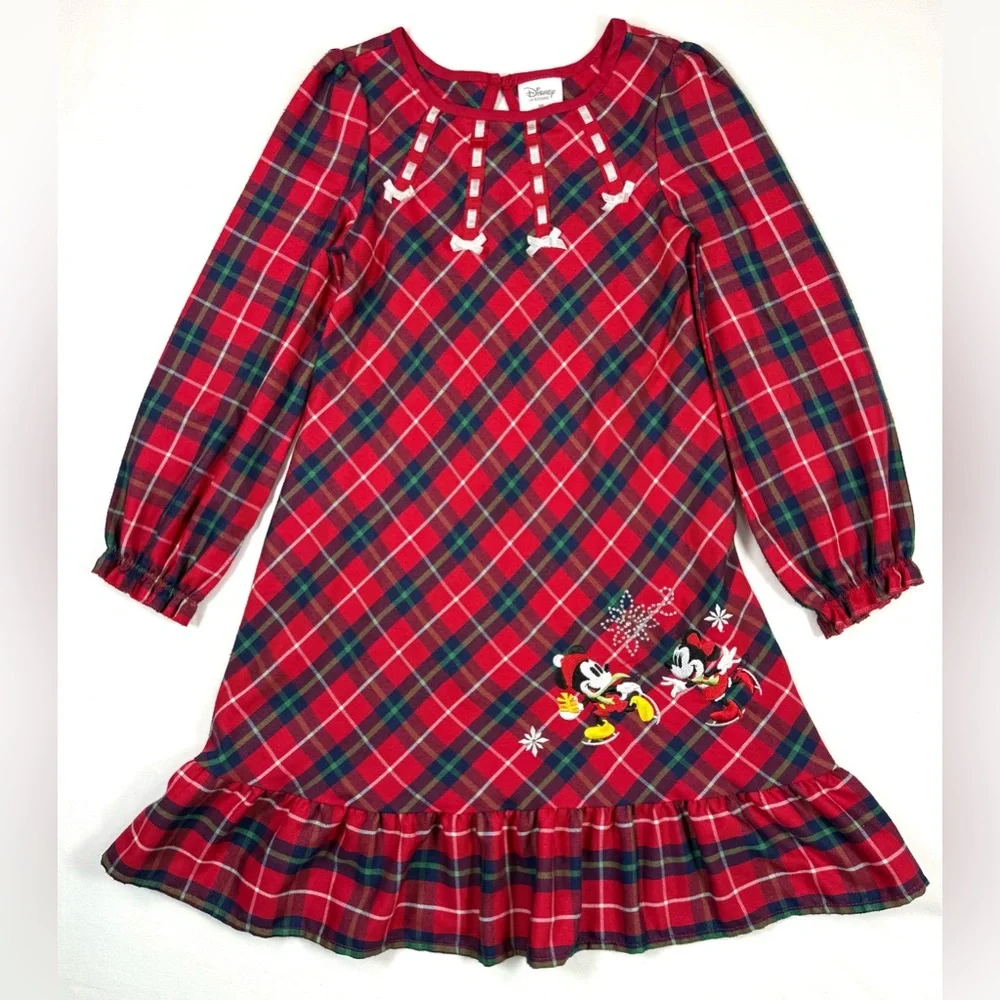 DISNEY STORE Girls Plaid Mickey Minnie Ice Skating Christmas Nightgown 5-6‎ Cozy